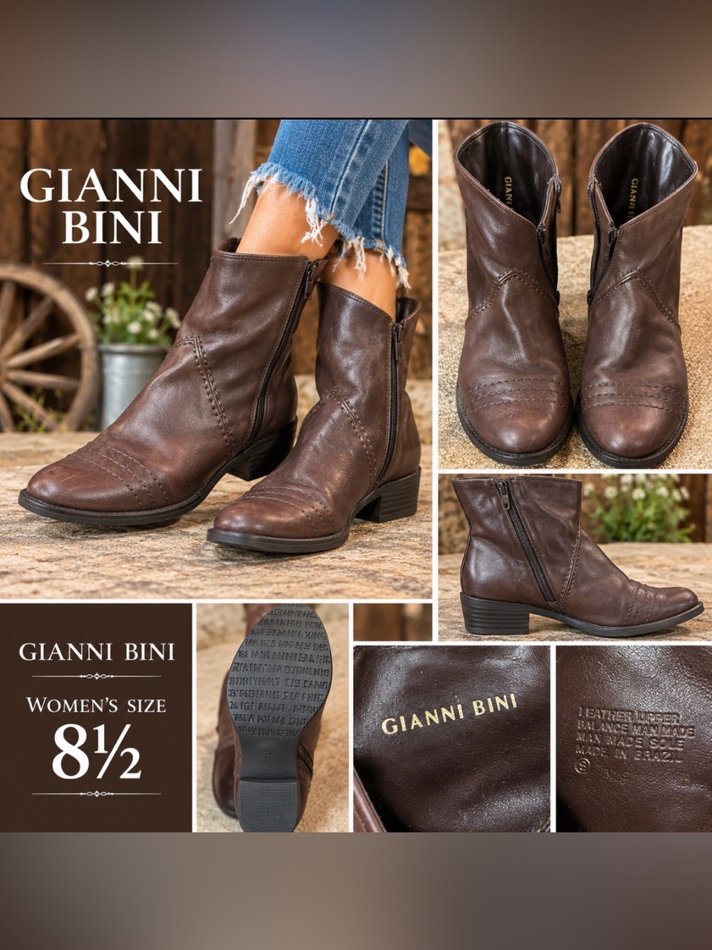 Gianni Bini Dark Brown Leather Zip Ankle Boots